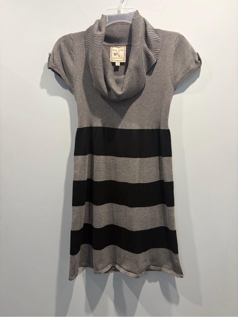 Pink Rose Petite Grey & Black Striped Cowl Neck Short Sleeve Sweater Dress Sz PS
